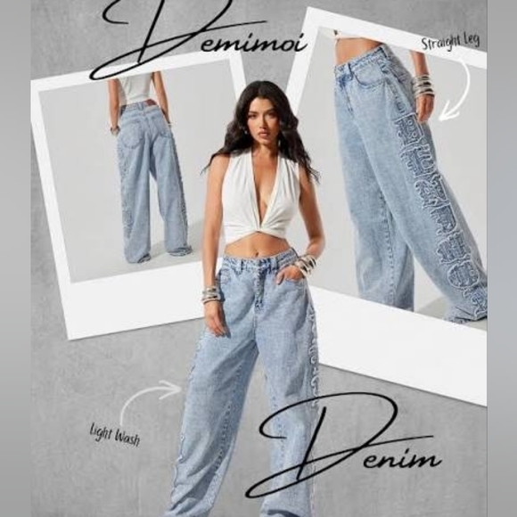 Shein Denimoi Verbiage Frayed Patches Baggy Fit Denim Jeans Nwt - Picture 3 of 5